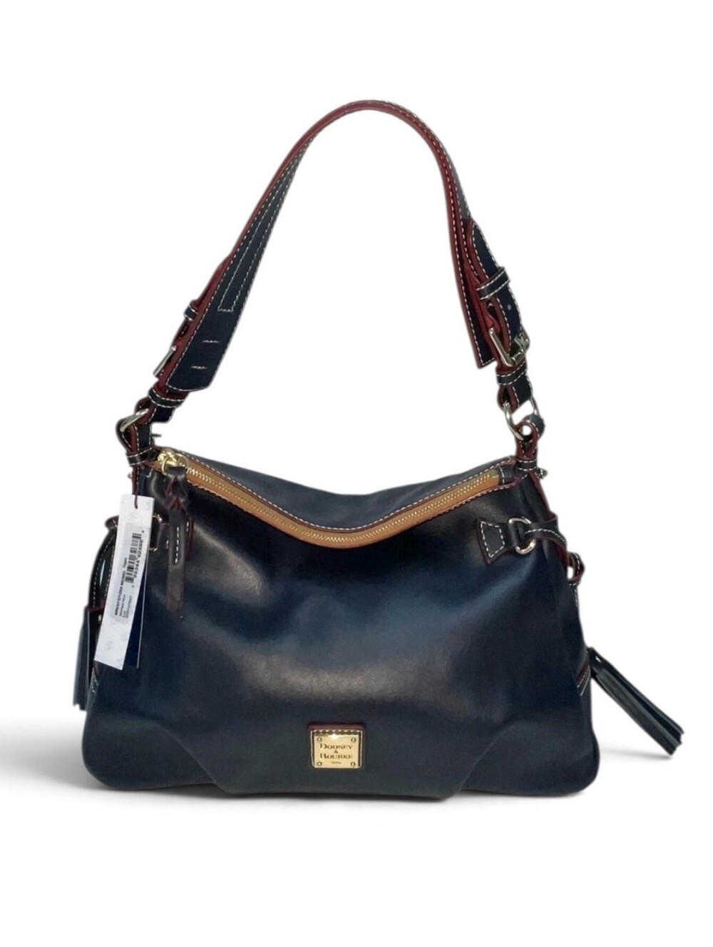Dooney & Bourke Navy Blue Smooth Leather Tegan Tassels Buckles Boho Shoulder Bag